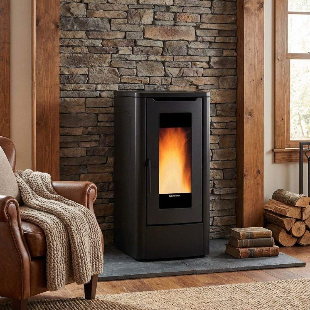 Poêle à granulés Teorema noir 10 kW installé devant mur en pierre