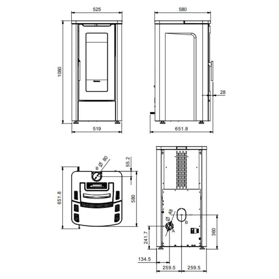 Dimensions poêle à granulés Teorema 10 kW 525 x 1080 x 652 mm La Nordica Extraflame