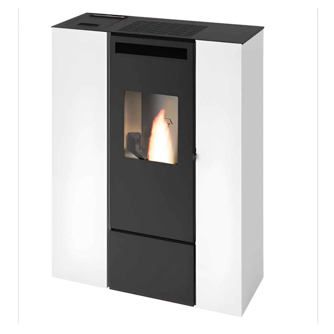 Poêle à granulés compact Pia Can Up Eva Calor 11 kW blanc sur fond blanc