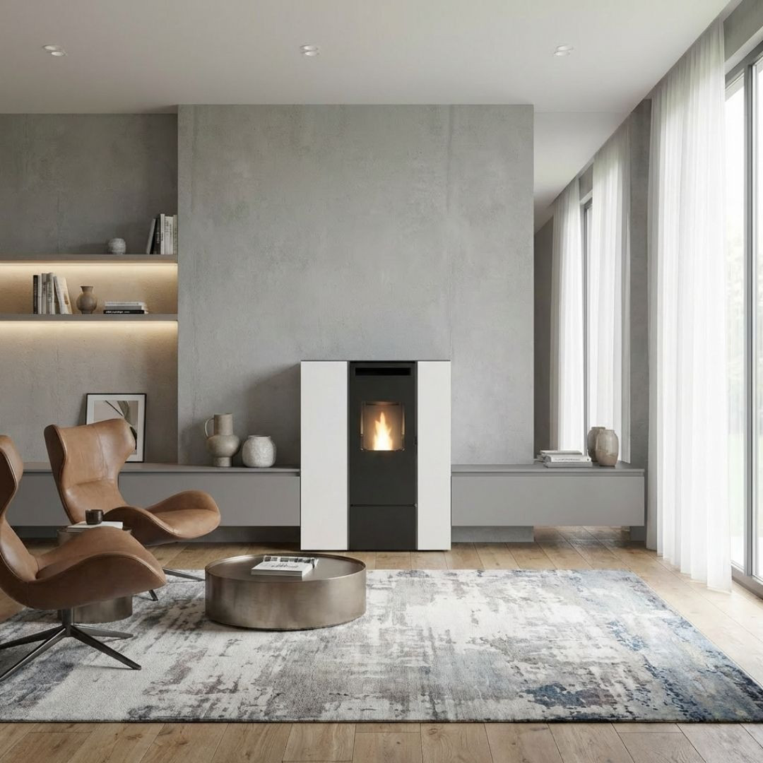 Poêle à granulés compact Pia Can Up Eva Calor blanc installé dans un grand salon lumineux