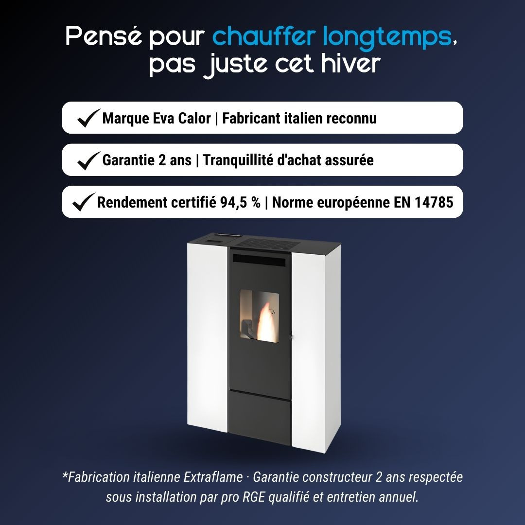 Avantages du poêle à granulés compact Pia Can Up Eva Calor blanc