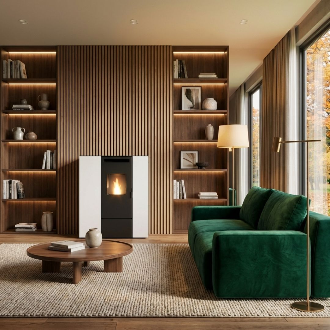 Poêle à granulés compact Pia Can Up Eva Calor blanc installé dans un salon avec bibliothèque