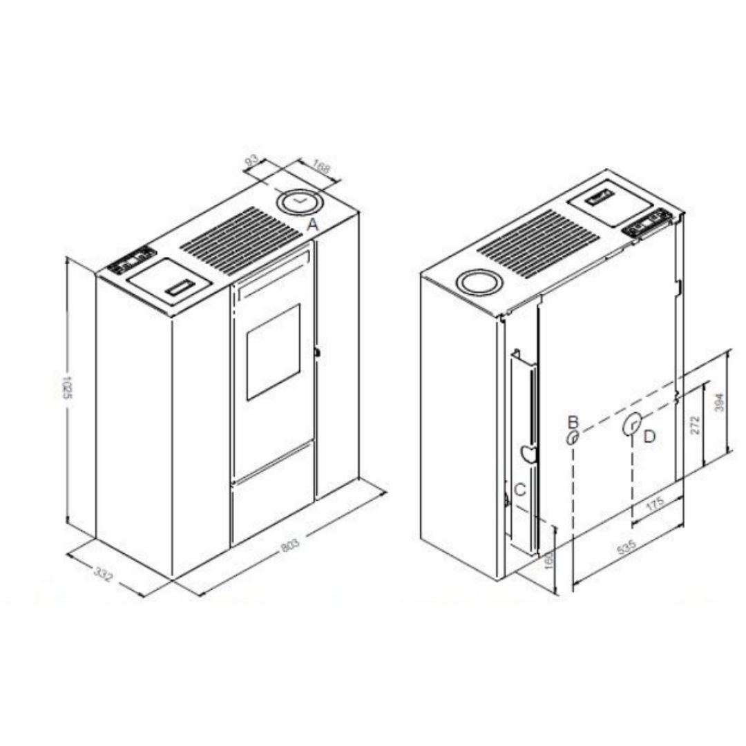Schéma technique avec dimensions du poêle à granulés compact Pia Can Up Eva Calor 11 kW