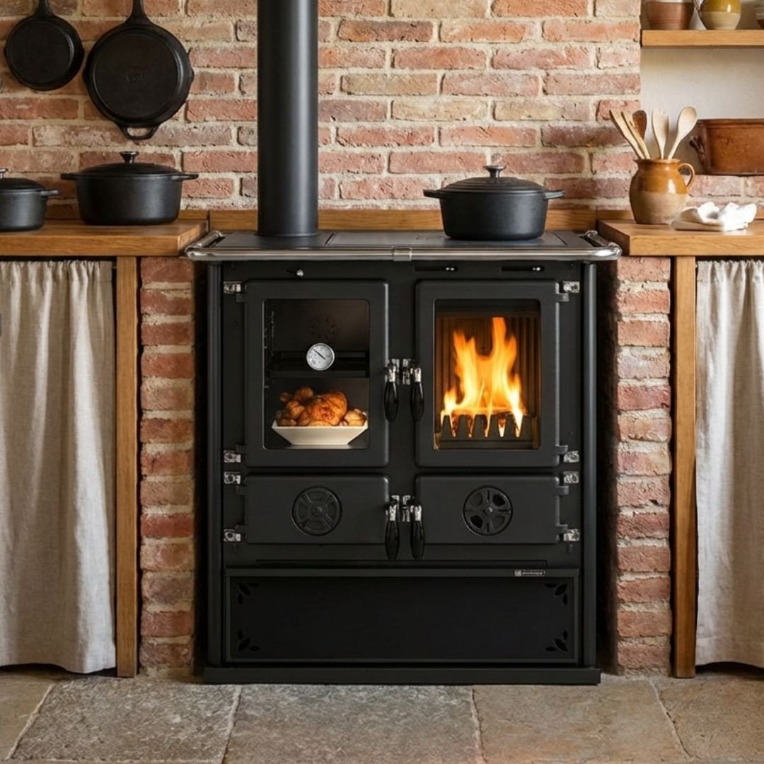 Cuisinière à bois 7,9 kW Rosetta Sinistra façade noire flamme visible