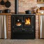 Cuisinière à bois 7,9 kW Rosetta Sinistra façade noire flamme visible