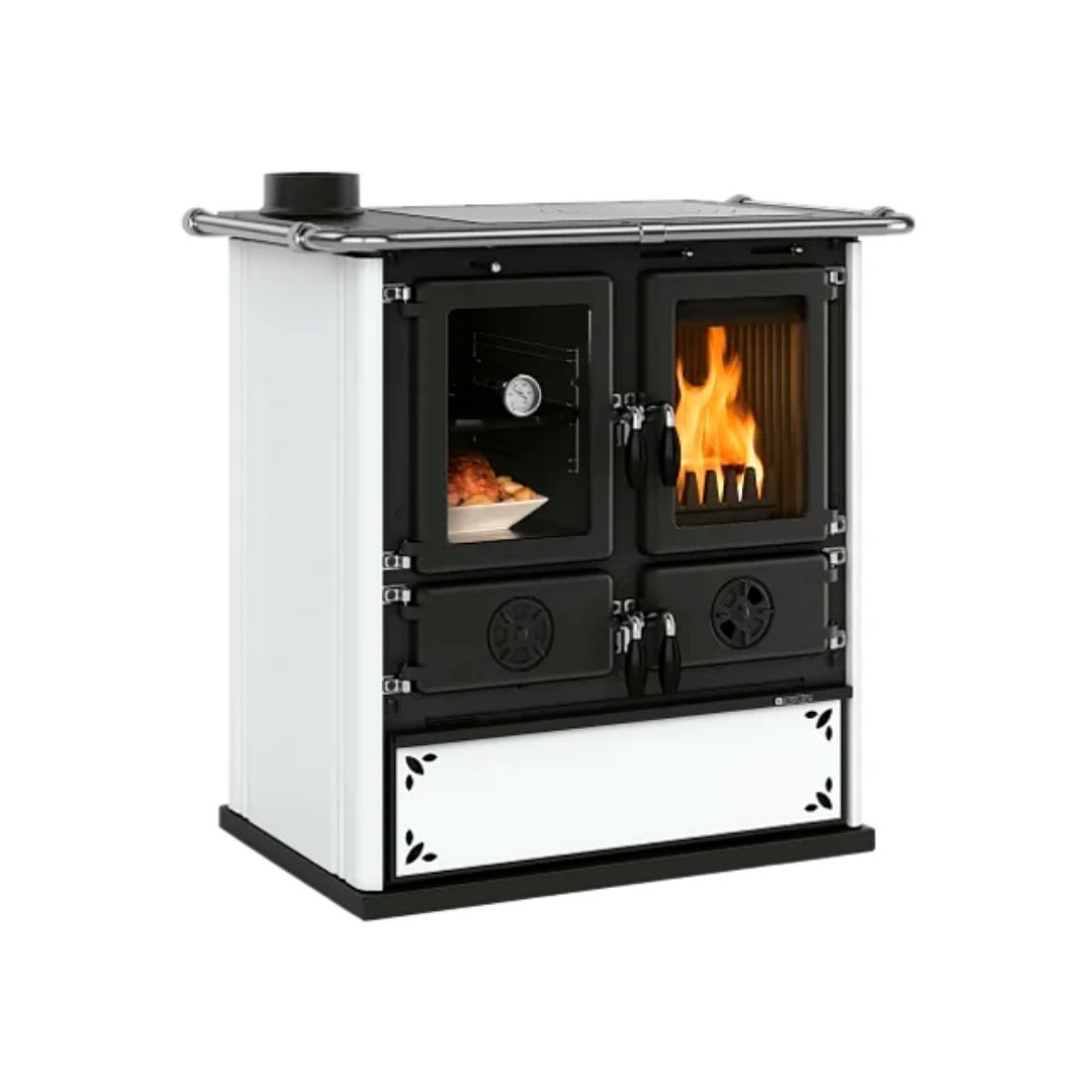 Cuisinière à bois Rosetta Sinistra 5.0 coloris blanc et noir vue de face