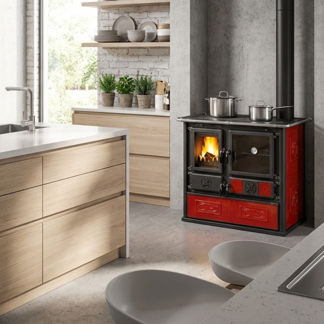 Cuisinière à bois Rosa 5.0 installation cuisine moderne bois clair
