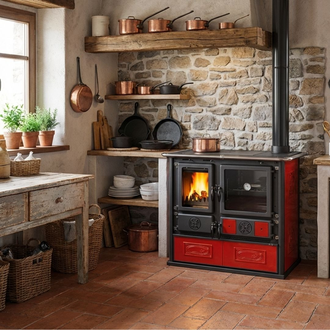 Cuisinière à bois 8,8 kW Rosa 5.0 version rouge en situation