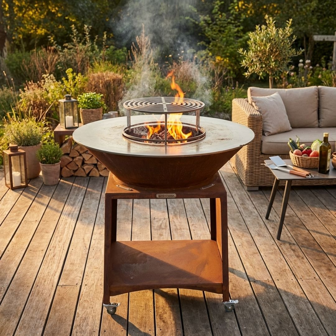 Brasero plancha corten 100 cm Brasinox Fiesta installation terrasse extérieure