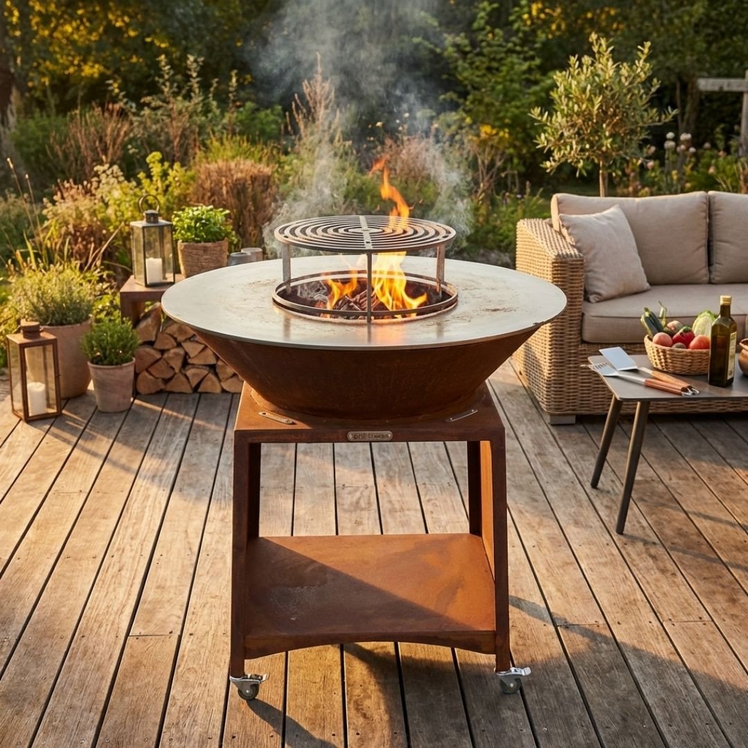 Brasero plancha corten 100 cm Brasinox Fiesta installation terrasse extérieure