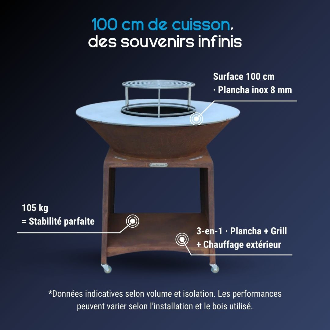 Brasero barbecue plancha Ø100 cm acier corten avec socle et roulettes