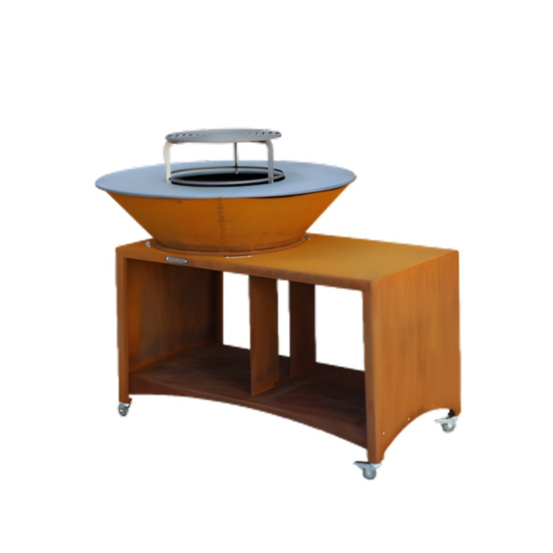 Brasero BBQ plancha Brasinox Fiesta Island Ø75 cm en acier Corten sur roulettes