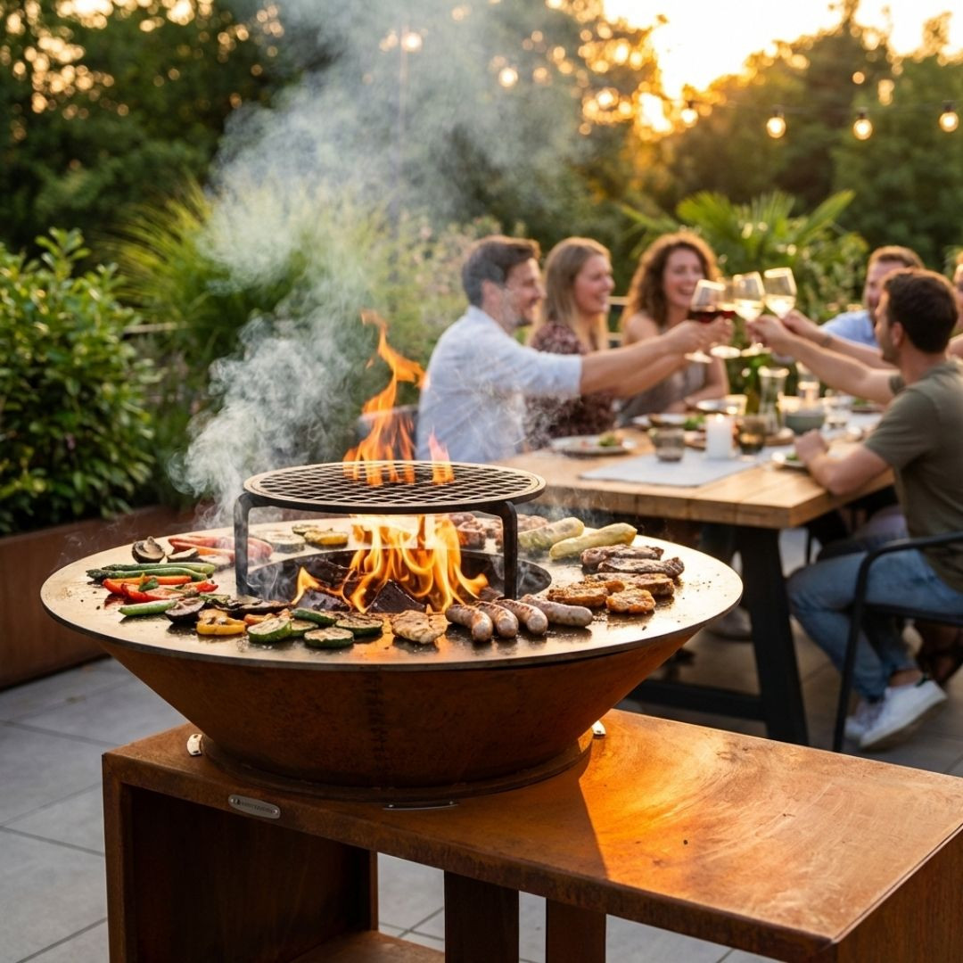 Repas convivial autour du brasero BBQ plancha Brasinox Fiesta Island Ø75 cm