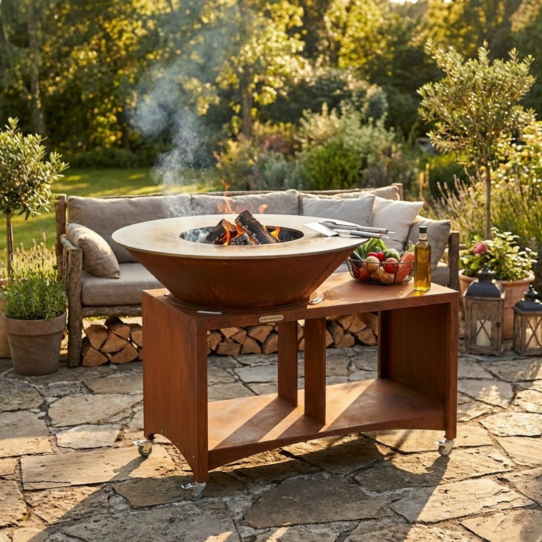 Brasero BBQ plancha Brasinox Fiesta Island Ø75 cm allumé dans un jardin