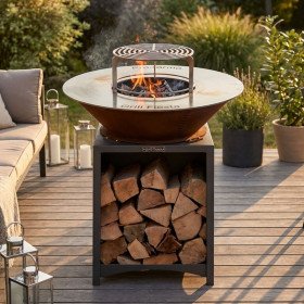 Brasero barbecue plancha Ø75 cm acier avec plaque inox sur terrasse