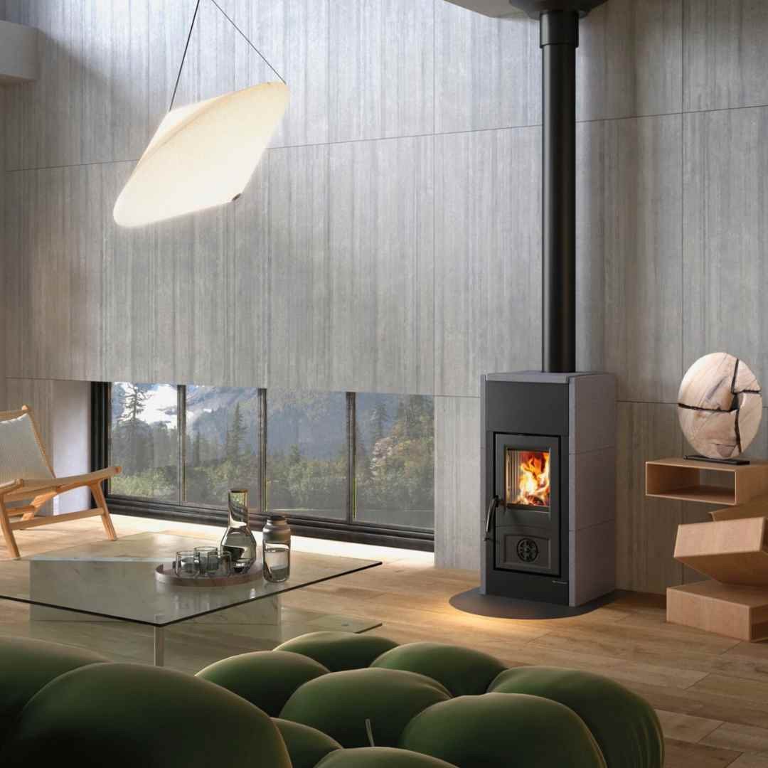 Poêle à bois Asia 5.0 raccordable air extérieur installation salon moderne