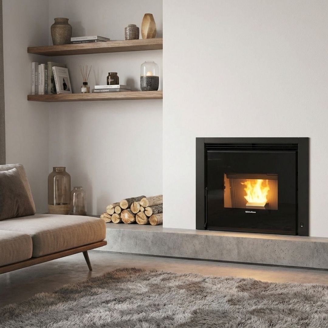 Insert à granulés Comfort P70 Air Plus 10 kW installé dans un salon contemporain