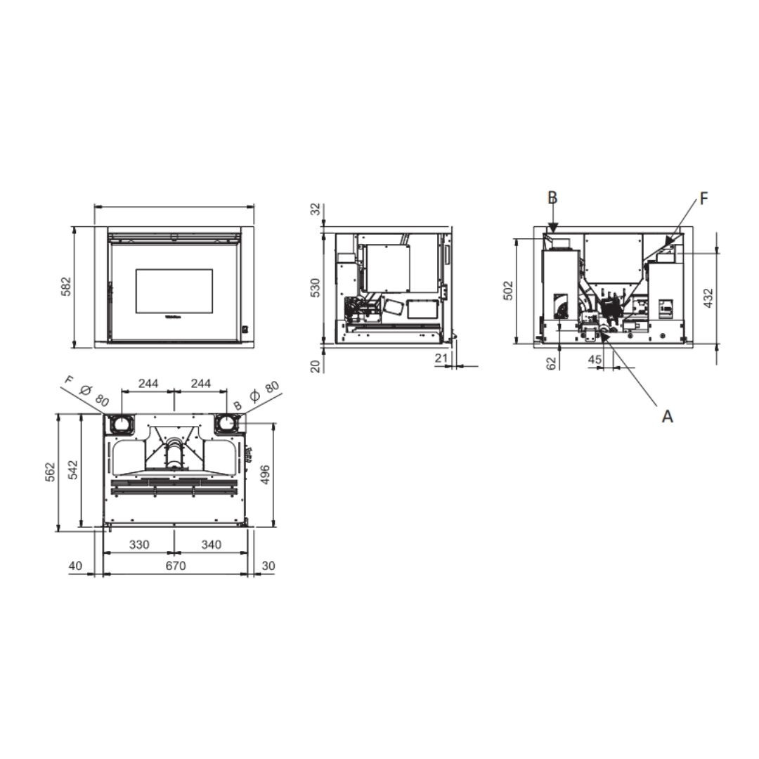 Schéma technique avec dimensions de l’insert à granulés canalisable Comfort P70 Air Plus 10 kW