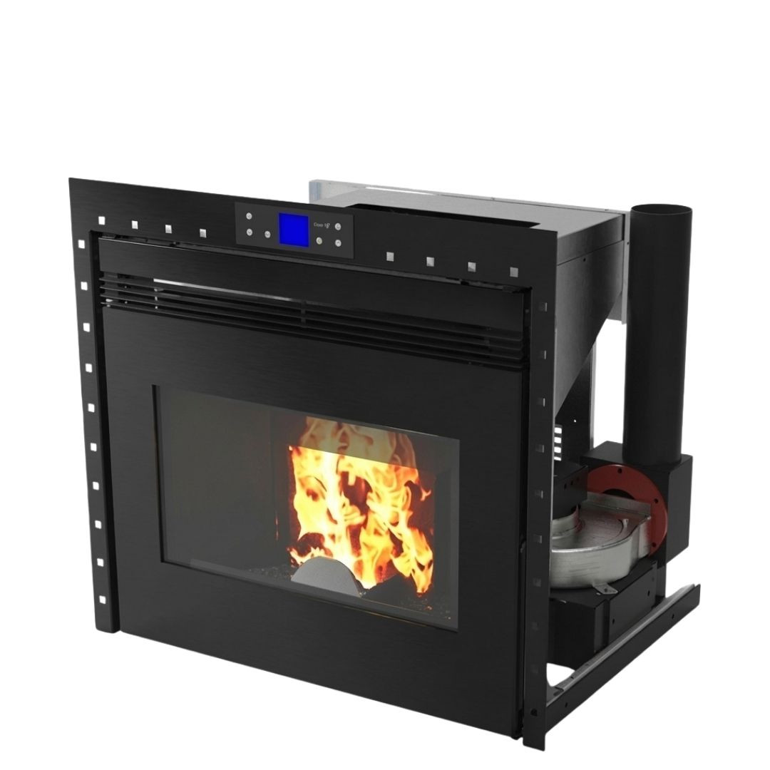 Insert à granulés Firebox Linea VZ 10 kW avec façade vitrée panoramique et chariot sur glissières