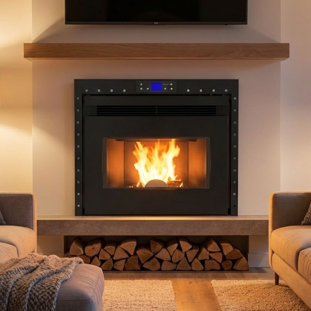 Insert à granulés encastrable Firebox Linea VZ 10 kW avec flamme visible dans cheminée moderne