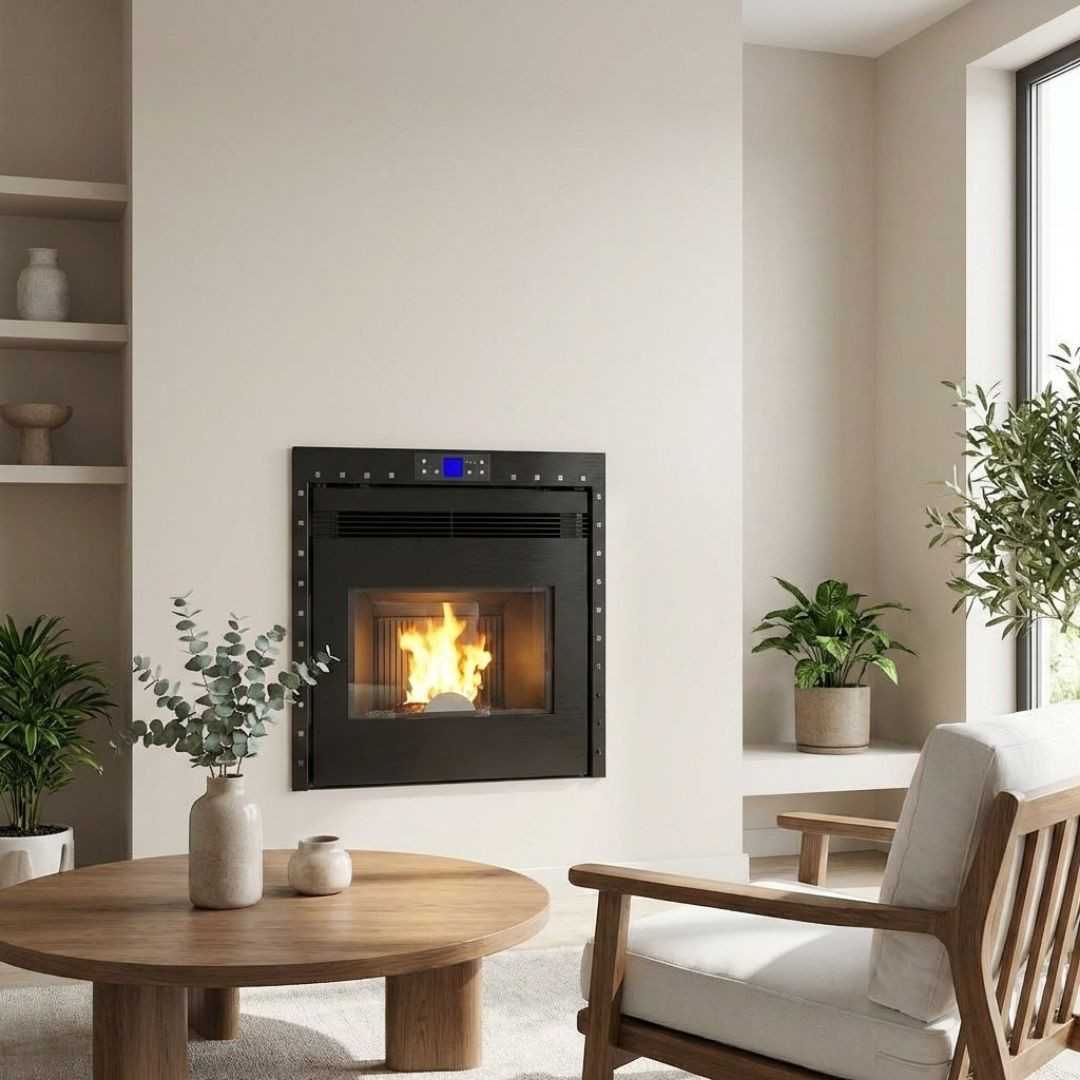 Insert à granulés Firebox Linea VZ 10 kW encastré dans mur de salon contemporain