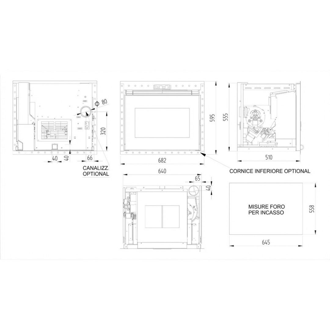 Dimensions insert à granulés Firebox Linea VZ 10 kW 68 x 51 x 59 cm