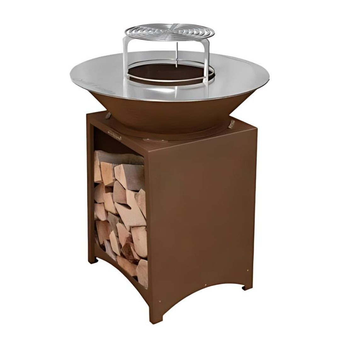 Brasero plancha bois Brasinox Fiesta Ø75 cm en acier Corten sur fond blanc