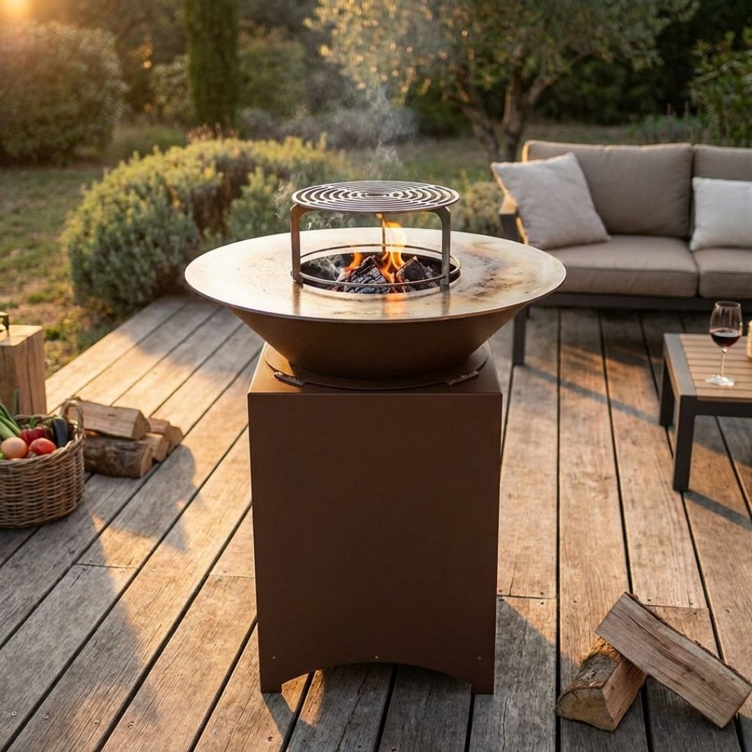 Brasero plancha bois Brasinox Fiesta Ø75 cm allumé sur une terrasse extérieure