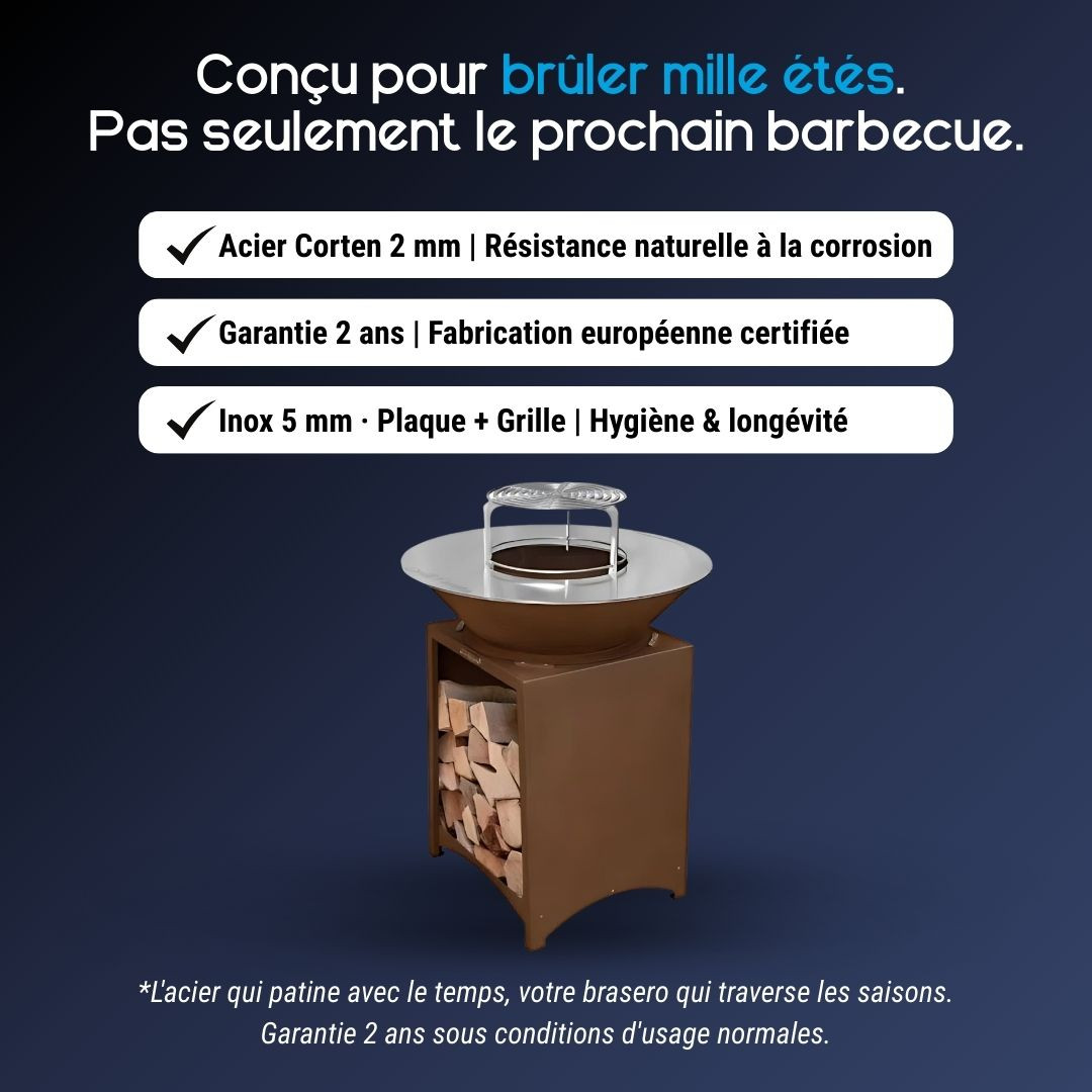 Brasero Brasinox Fiesta Ø75 cm en acier Corten avec plaque et grille en inox
