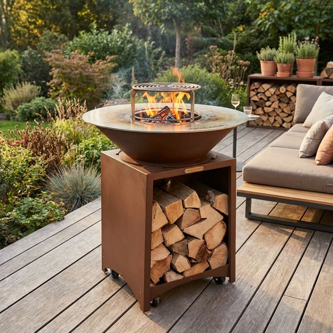 Brasero plancha Brasinox Fiesta Ø75 cm avec feu allumé dans un jardin en soirée
