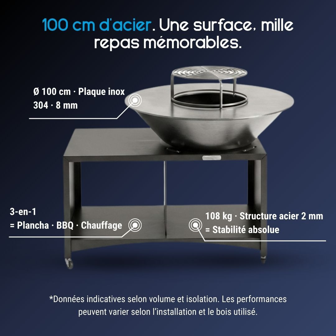 Caractéristiques du brasero plancha extérieur Brasinox Fiesta 100 cm avec fonction barbecue et chauffage