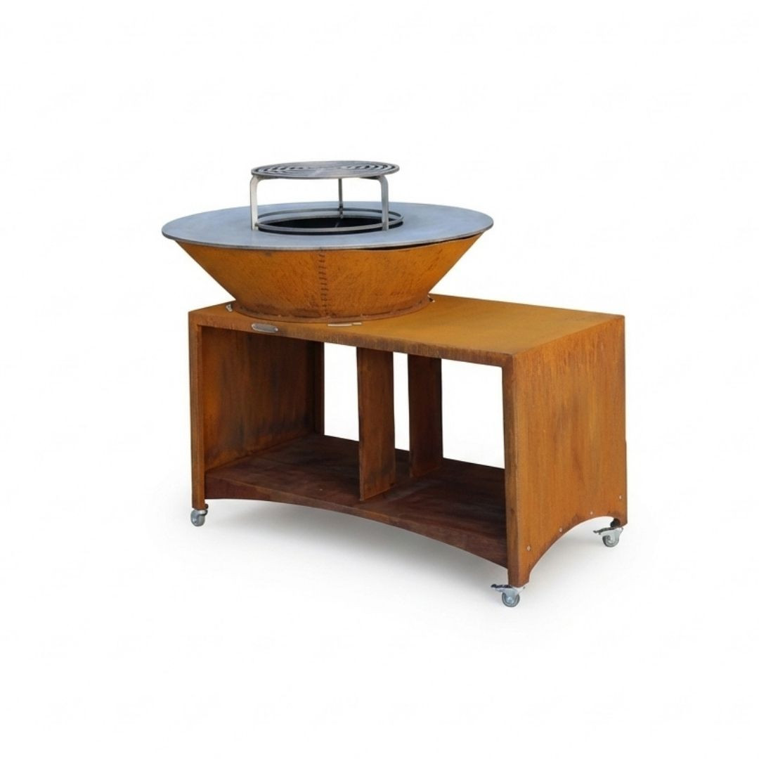Brasero plancha XXL Fiesta 100 cm en acier Corten sur roulettes et fond blanc