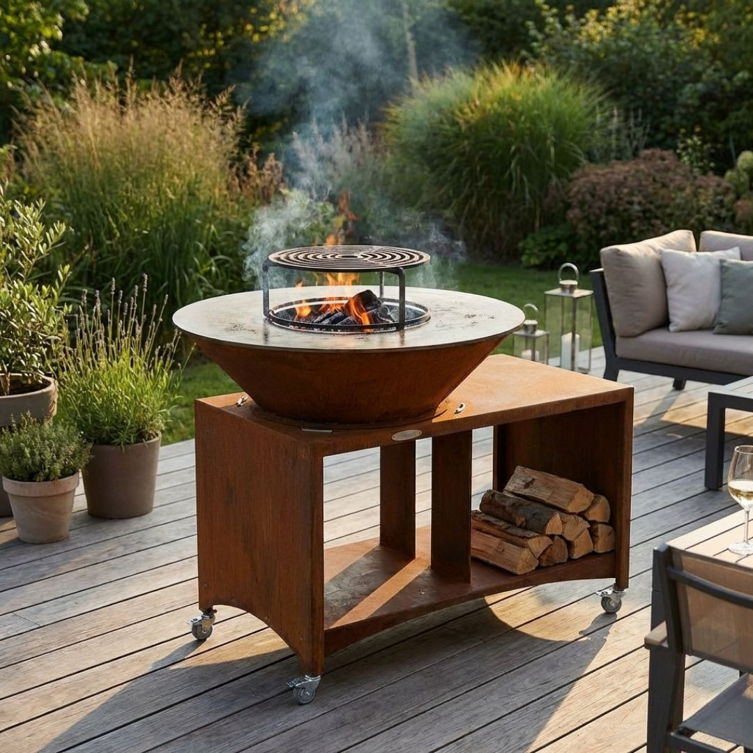 Brasero plancha XXL Fiesta 100 cm allumé sur une terrasse extérieure