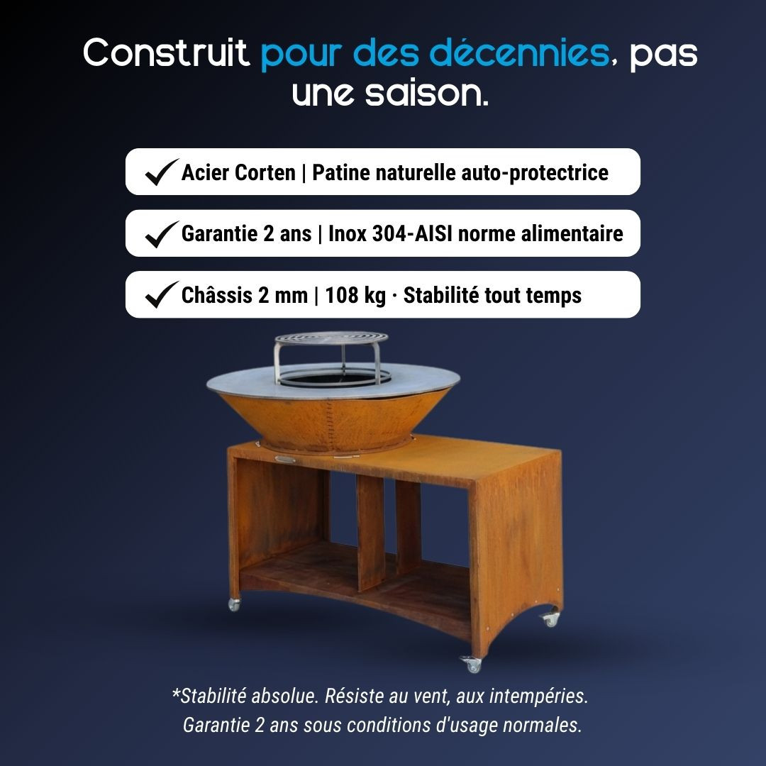 Avantages du brasero plancha XXL Fiesta 100 cm en acier Corten et inox alimentaire