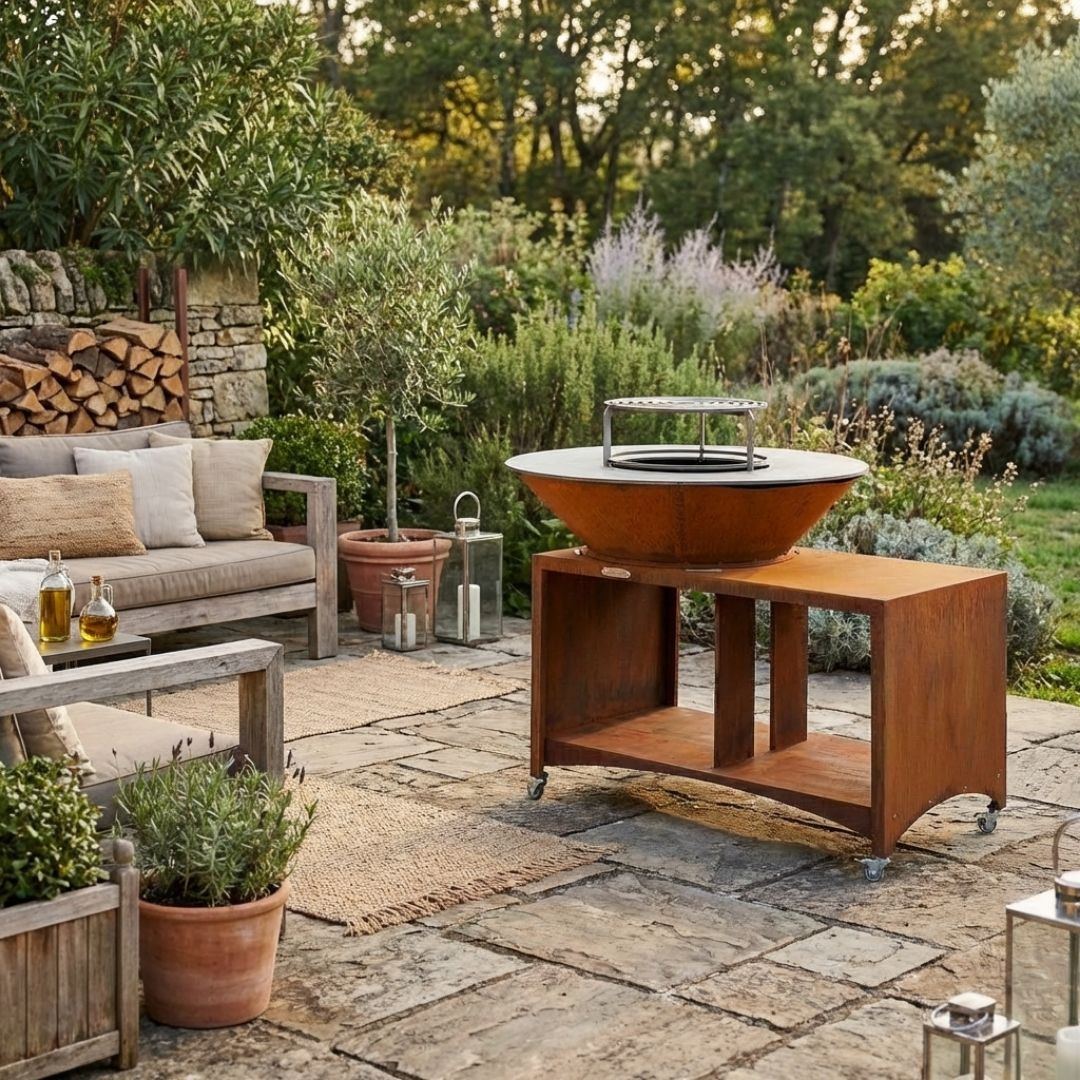 Brasero plancha XXL Fiesta 100 cm installé dans un jardin avec espace de rangement