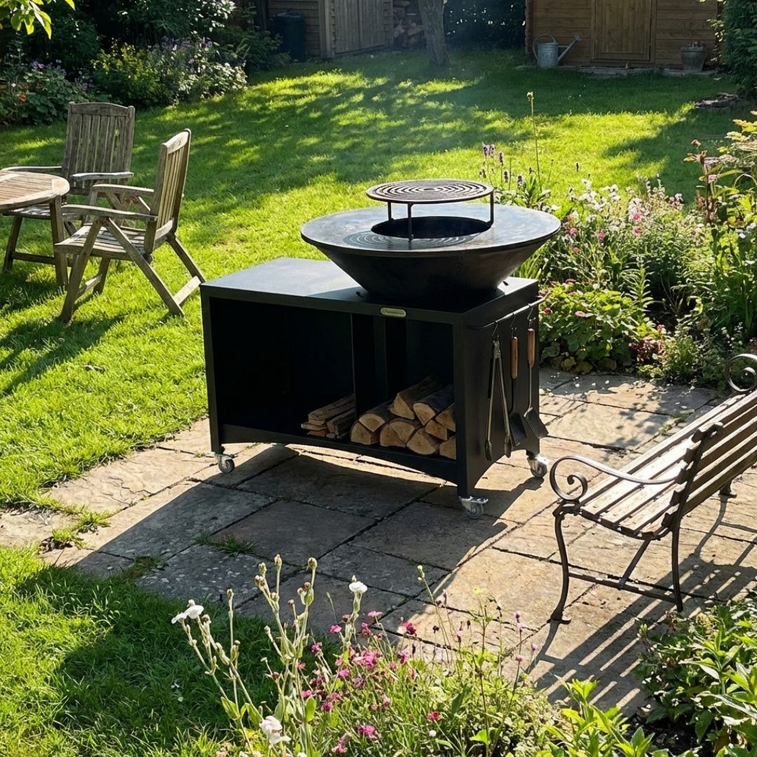 Brasero plancha rectangulaire Island Ø75 cm installé dans un jardin