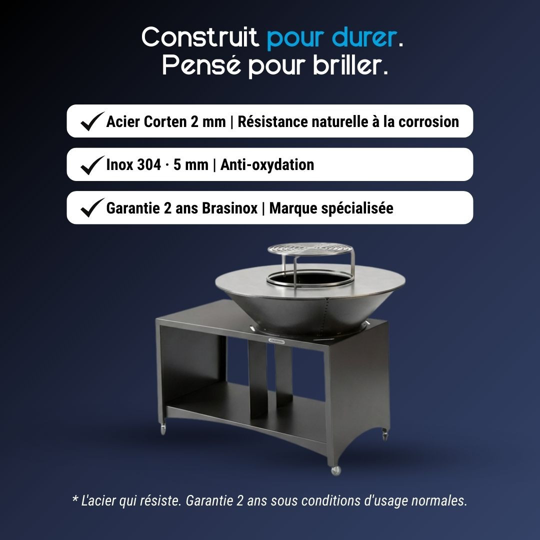 Brasero plancha Island Ø75 cm en acier Corten avec plaque de cuisson en inox