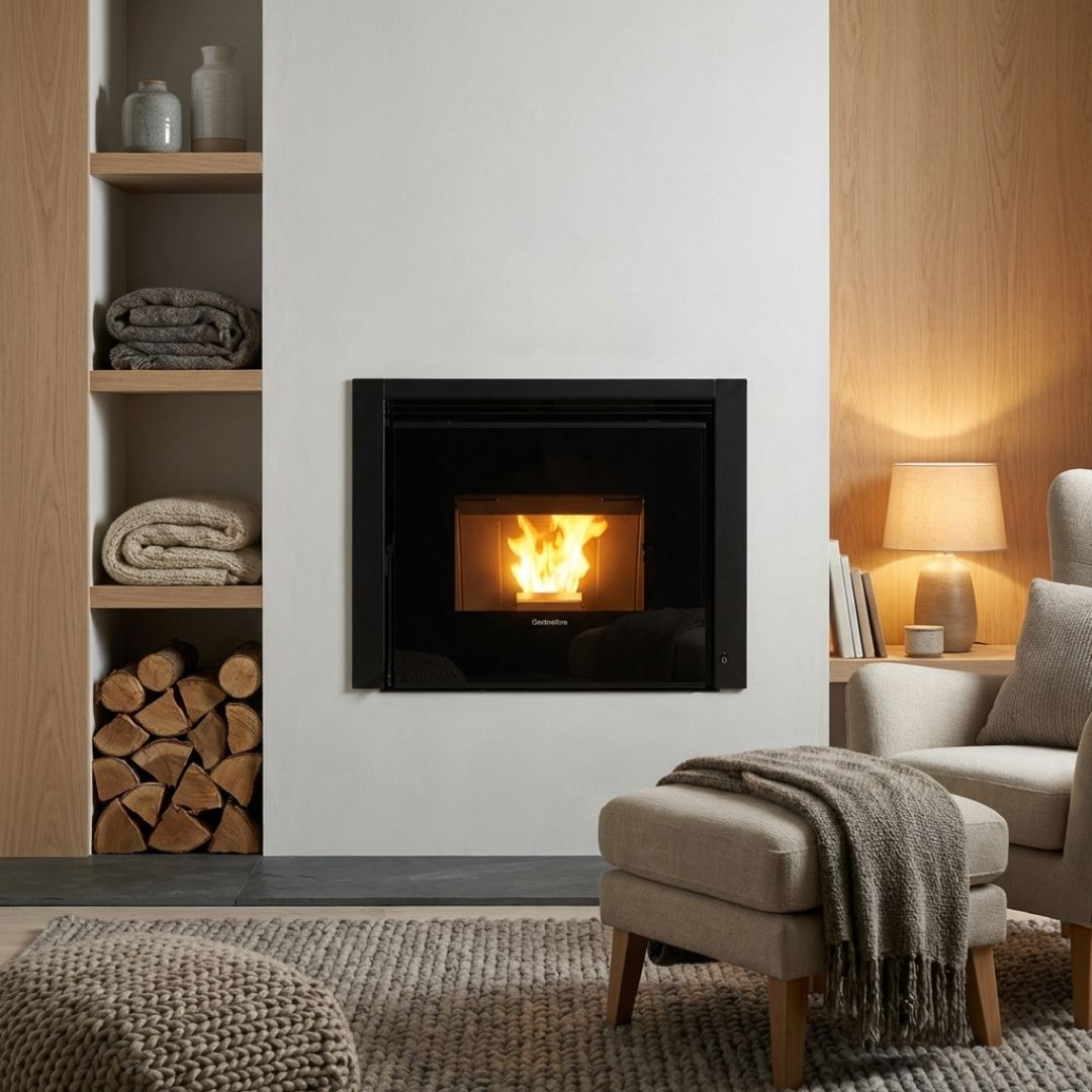 Insert à granulés Comfort P70 Air 10 kW installé dans un salon contemporain
