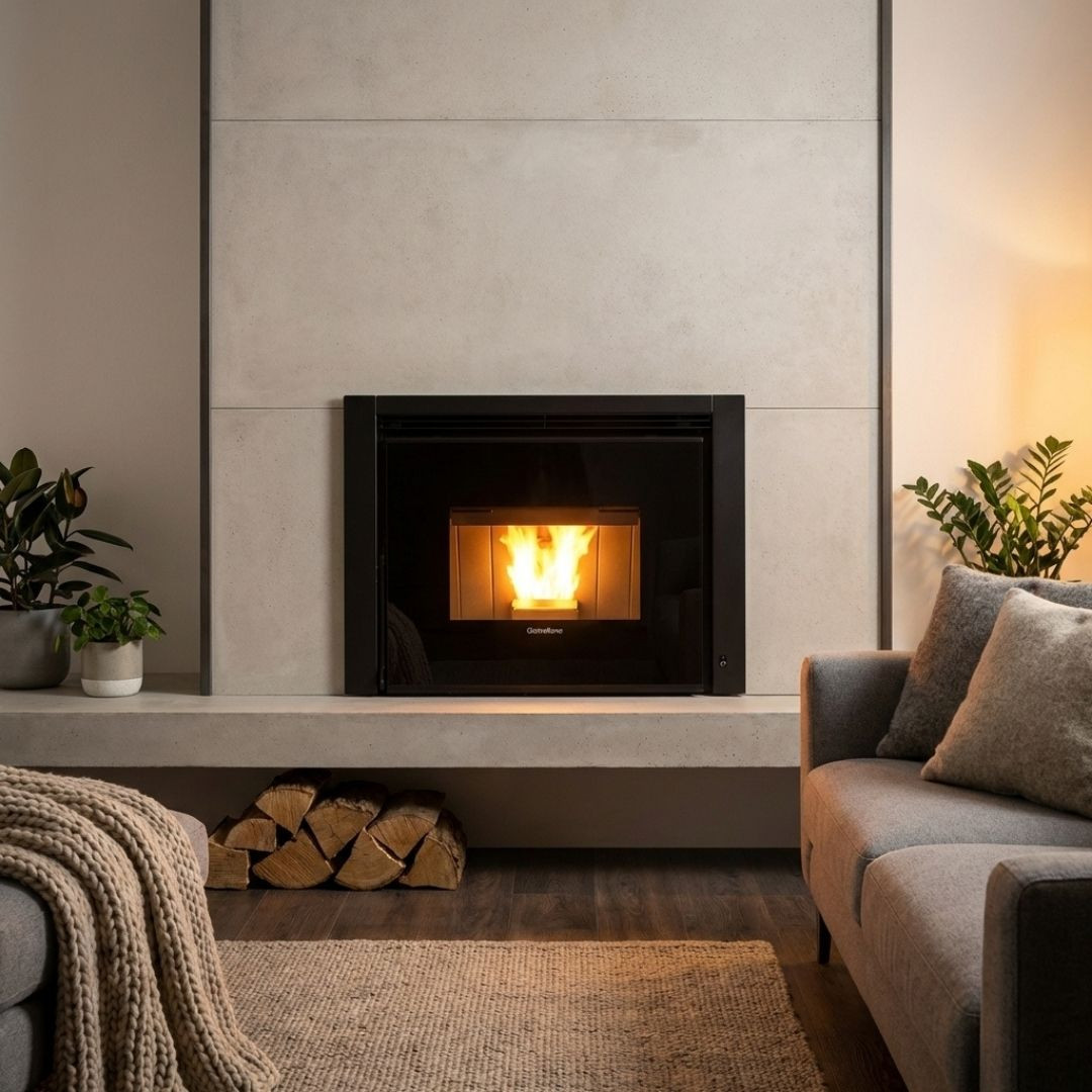 Insert à pellets Comfort P70 Air 10 kW intégré dans une cheminée avec rangement à bûches