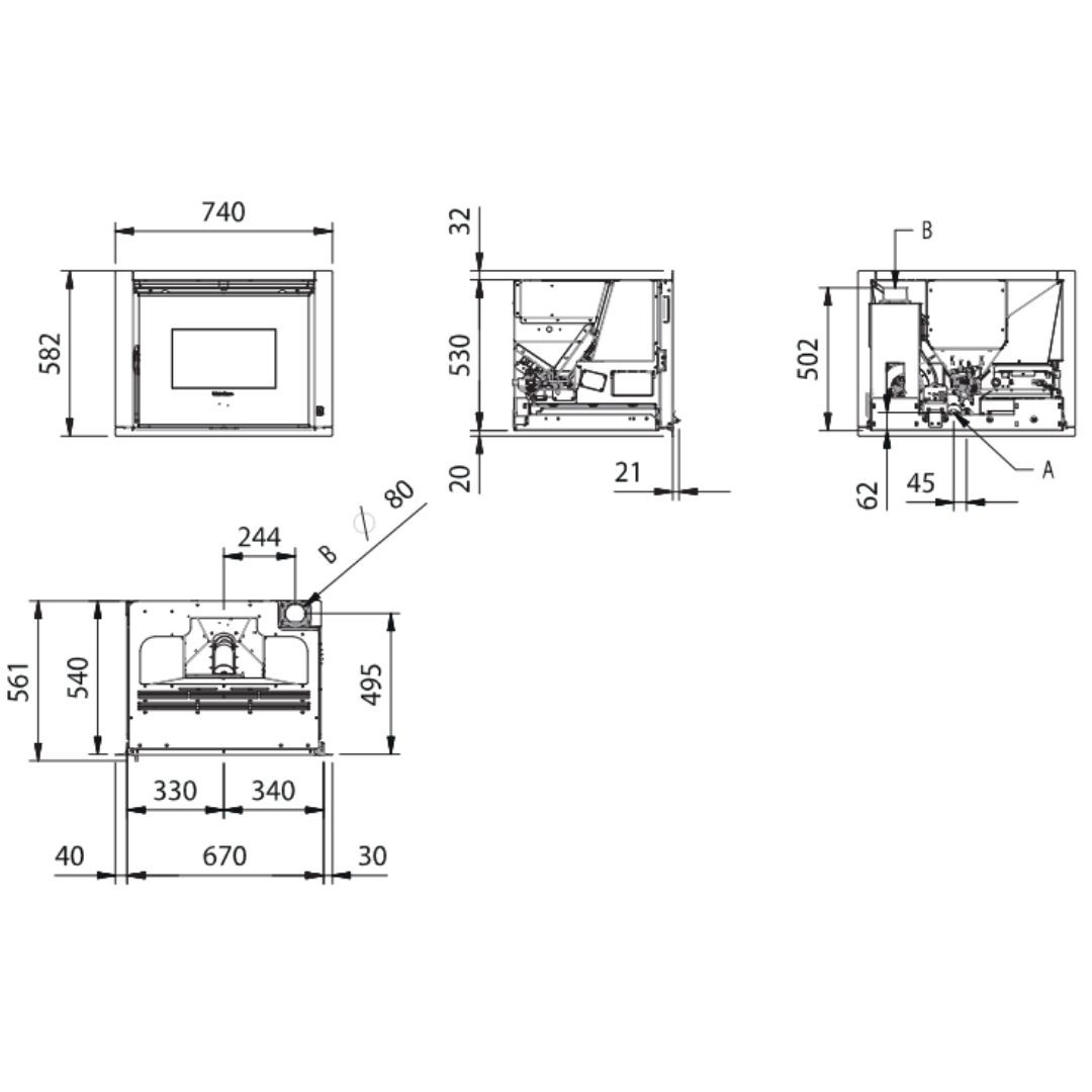 Schéma technique avec dimensions de l’insert à granulés Comfort P70 Air 10 kW