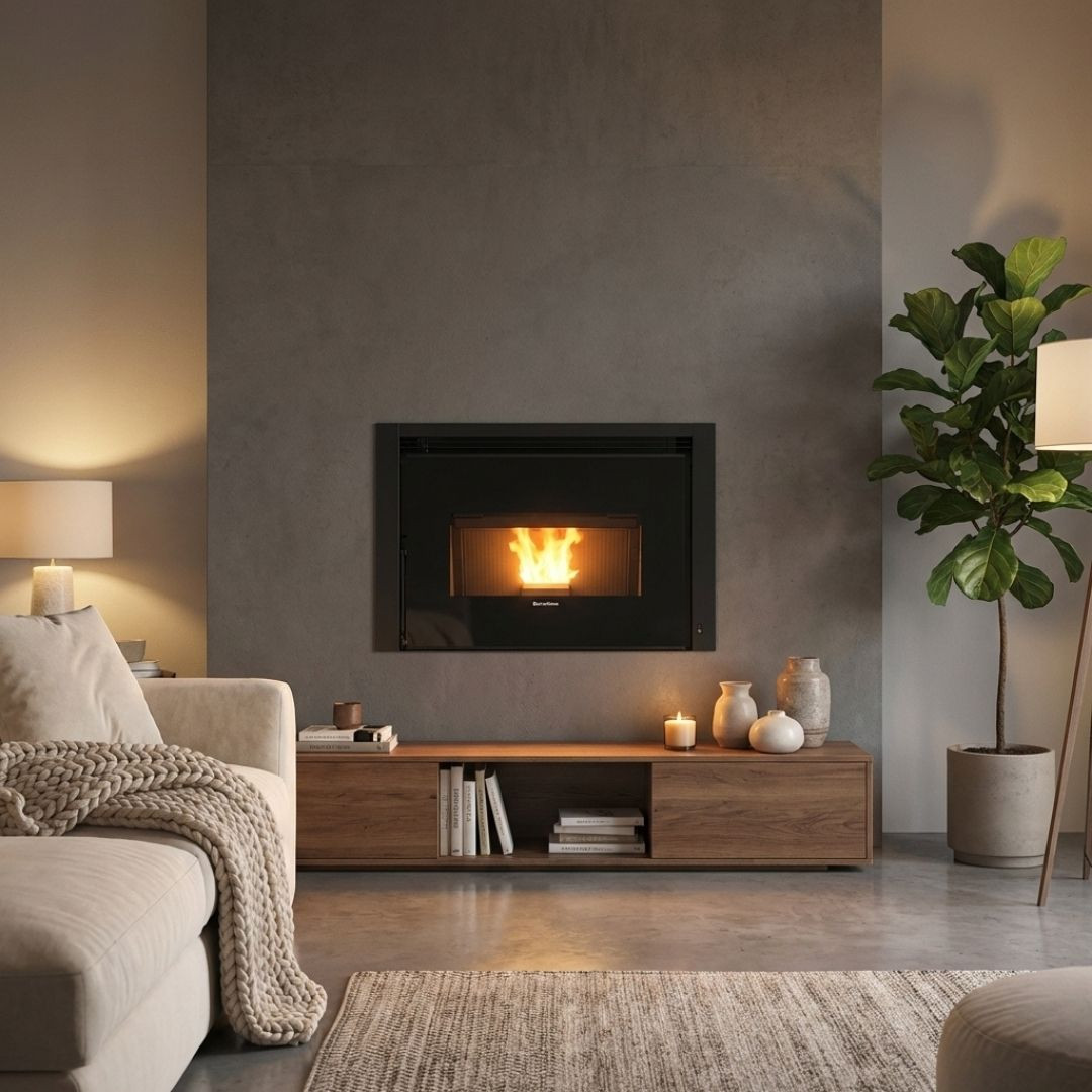 Insert à granulés Comfort P85 12 kW installé dans un salon contemporain