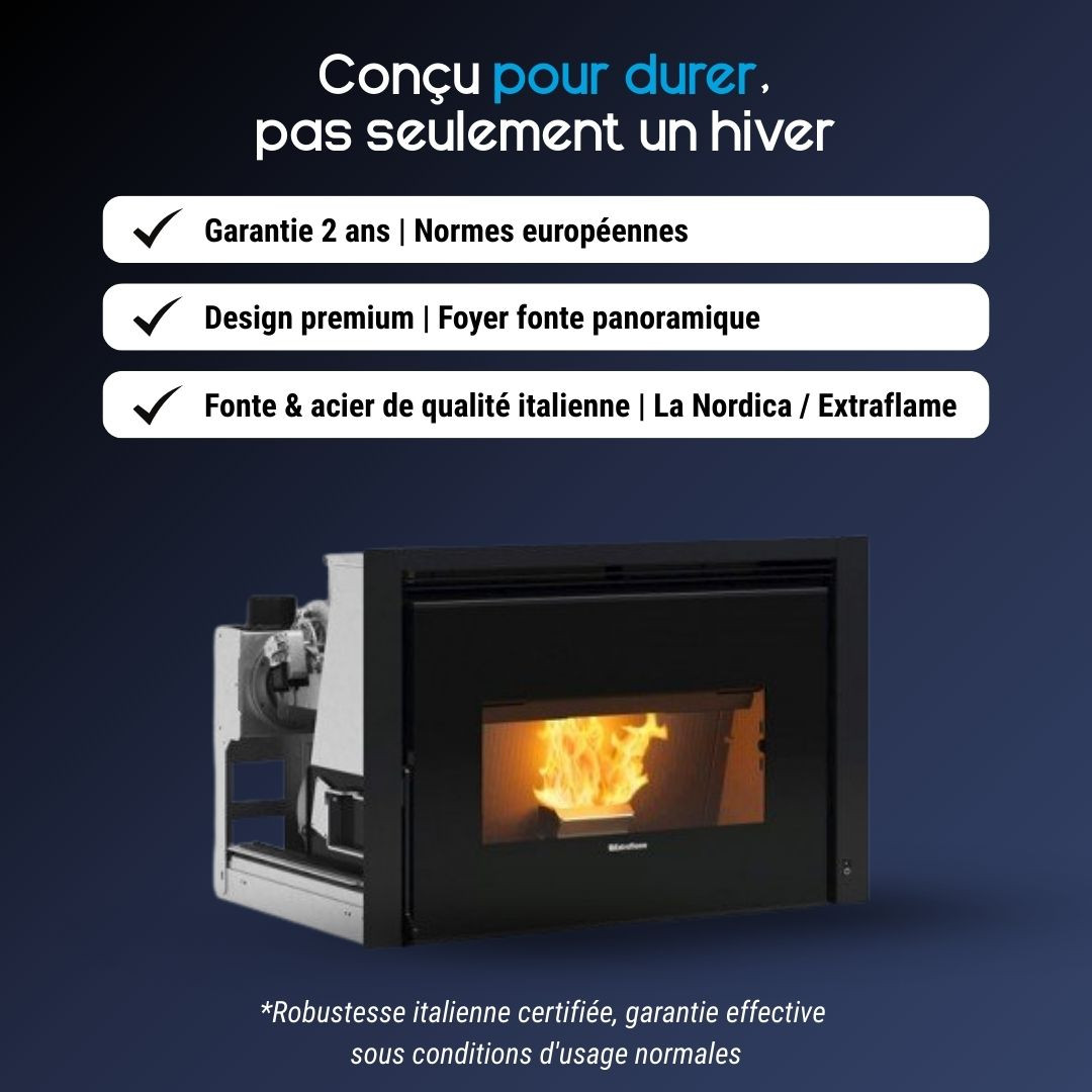Avantages de l’insert cheminée à granulés Comfort P85 avec porte et foyer en fonte