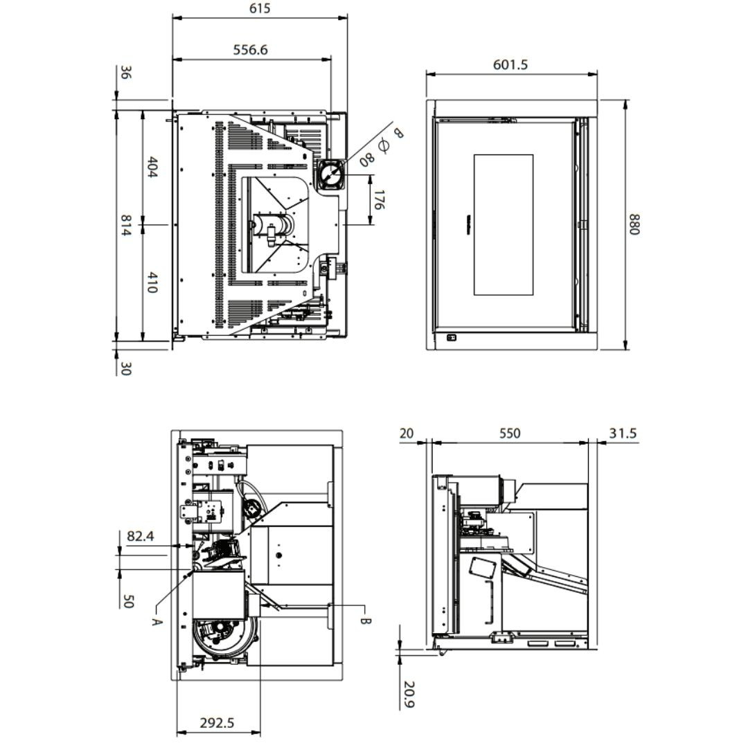 Schéma technique avec dimensions de l’insert cheminée à granulés Comfort P85 12 kW