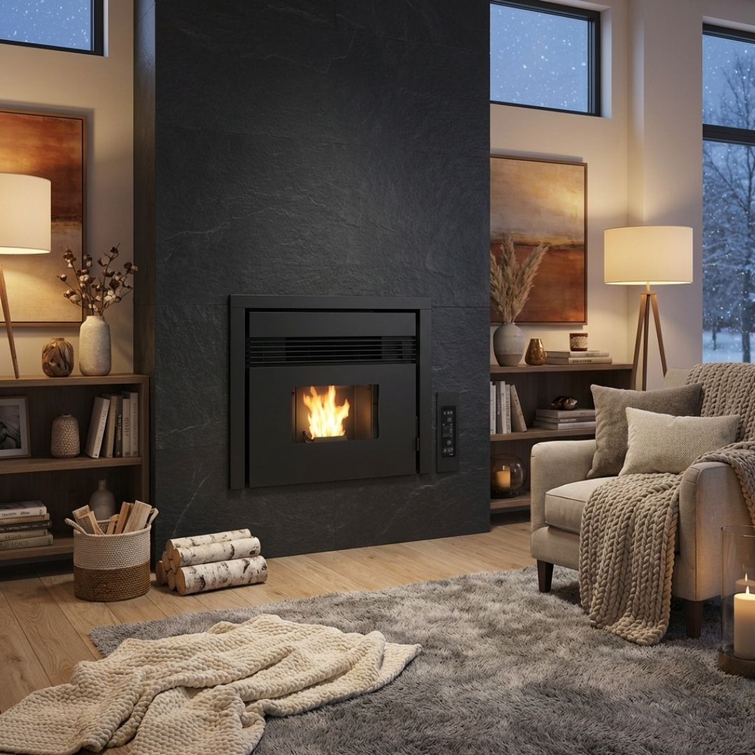Insert à granulés Prezzemolo 7,5 kW installé dans un salon chaleureux