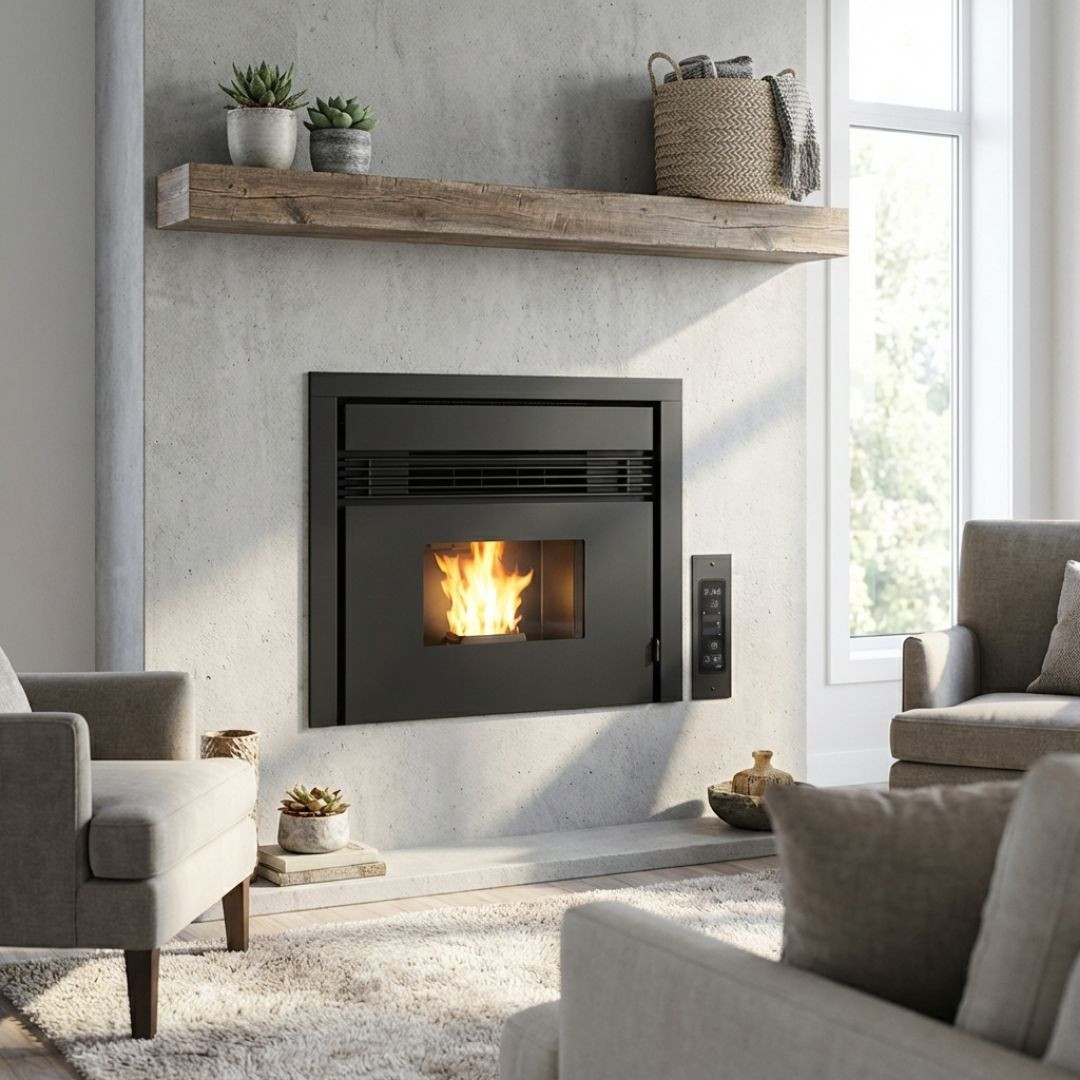 Insert à granulés Prezzemolo 7,5 kW intégré dans une cheminée moderne