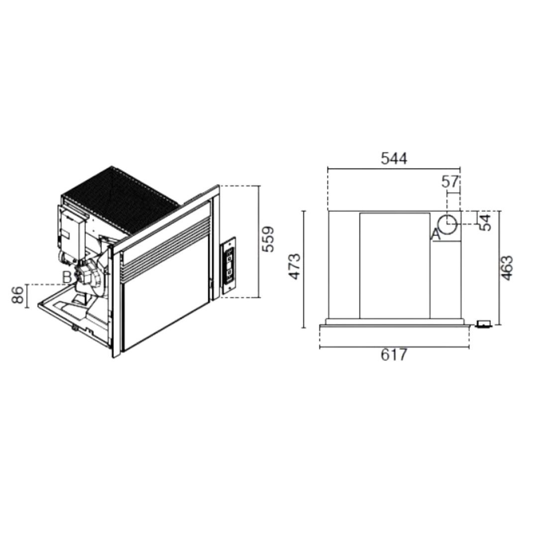 Schéma technique avec dimensions de l’insert à granulés Prezzemolo 7,5 kW