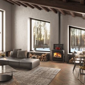 Poêle à bois avec plaque de cuisson ISOTTA CC LEAN 9,3 kW dans un salon moderne