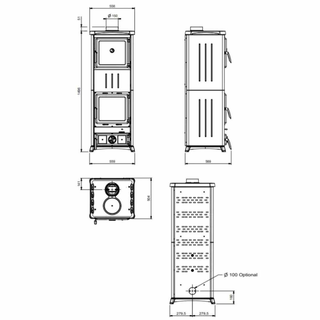 Schéma Technique Du Poêle À Bois Avec Four NOVA FORNO.16 11,8 kW Avec Dimensions