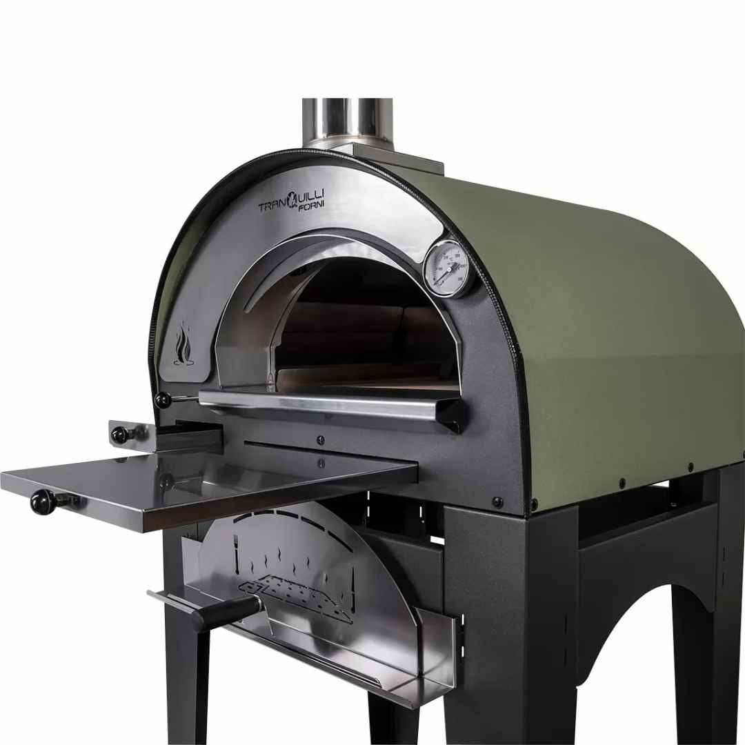 Four à pizza bois Arde Baby vert avec chambre de cuisson ouverte