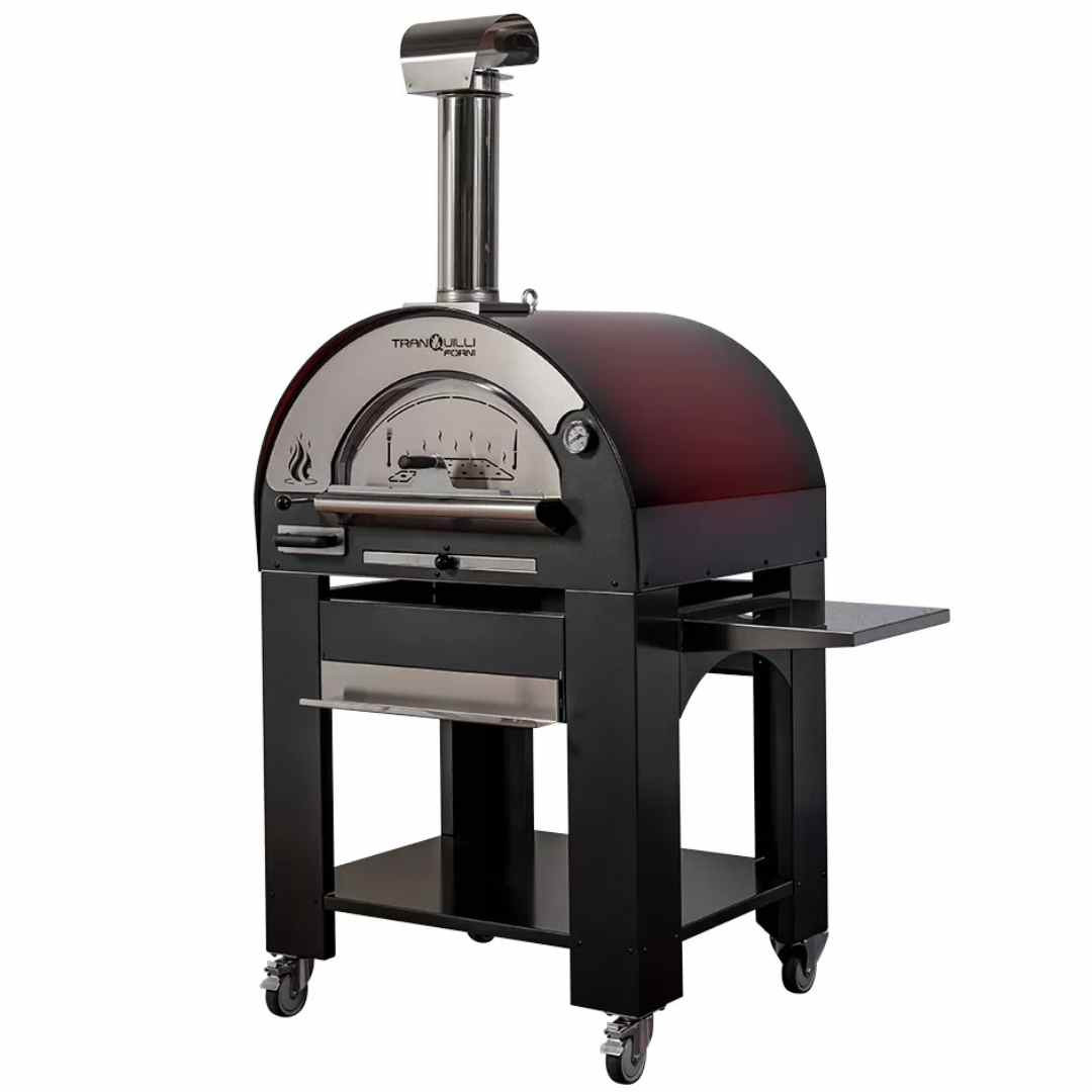 Four à bois pour pizza Arde Medium rouge avec chariot mobile et tablette latérale